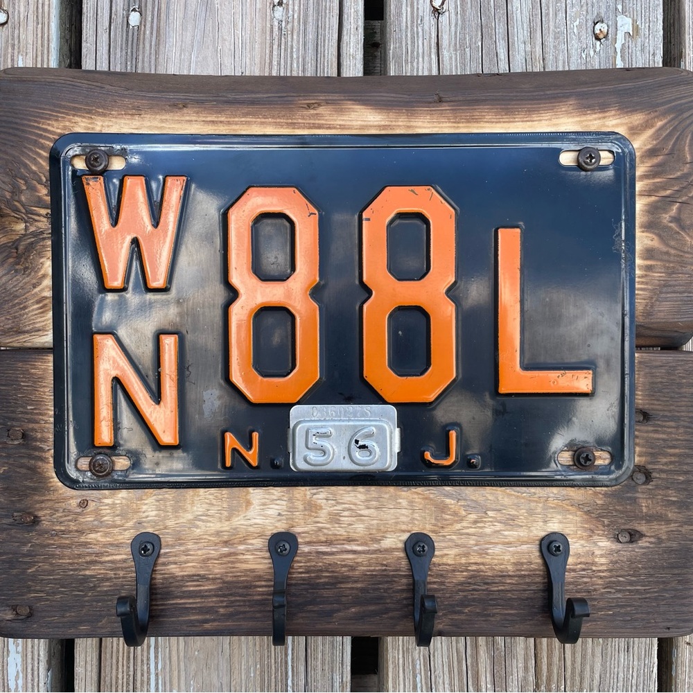 Vintage 1956 NJ License Plate Wall hook with reclaimed Wood and forged Iron